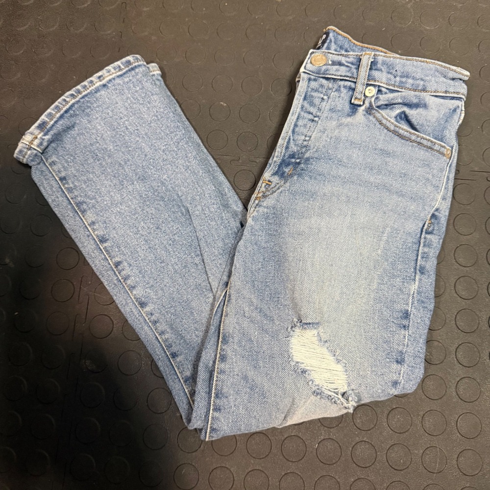 Gap Denim Women 24 Petite Crop Flare Jeans Light Wash Distressed Button Fly 00P